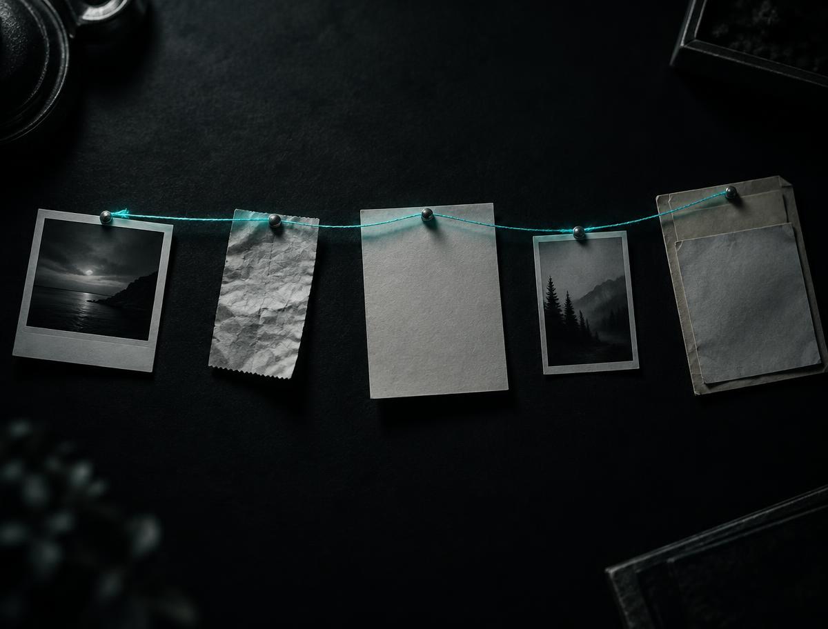 Photographs and documents arranged in date order, joined by a single line