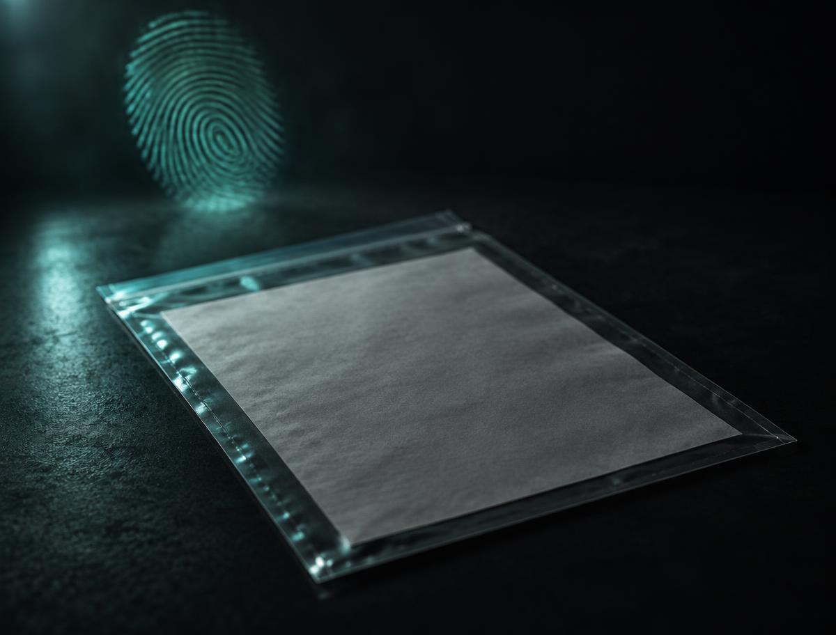 A document sealed in an archival sleeve with a glowing fingerprint above it
